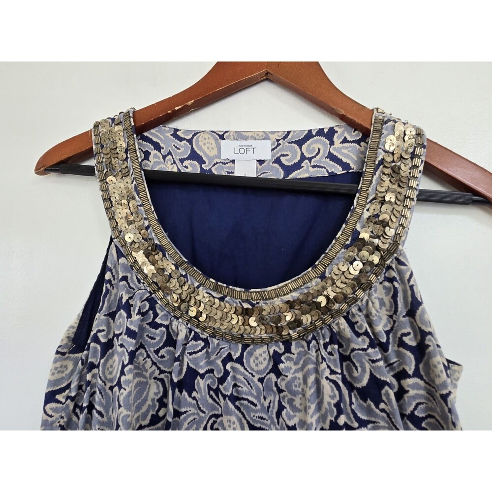 Ann Taylor Loft Dress Womens 2 Floral Sequin Neckline Coastal Blue Indie Boho - Picture 2 of 8